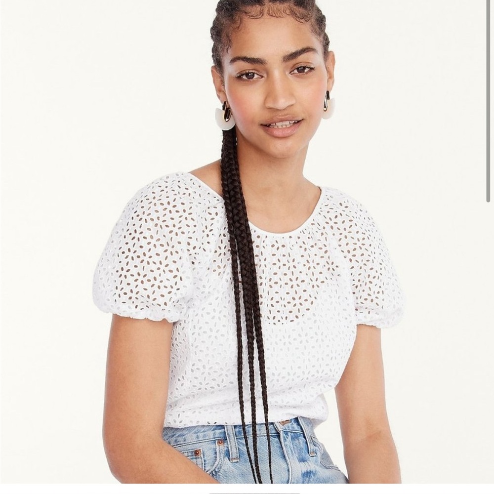 J. Crew V-Back Puff-Sleeve Eyelet Top - White - Size 14 Womens EUC
